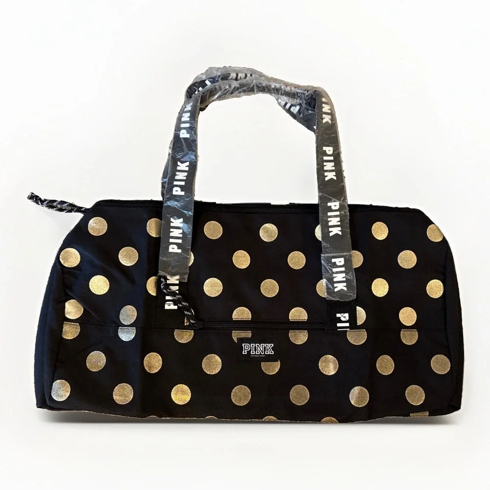 Victoria's Secret PINK Tote Duffle Gym Bag Black Gold Polka Dot